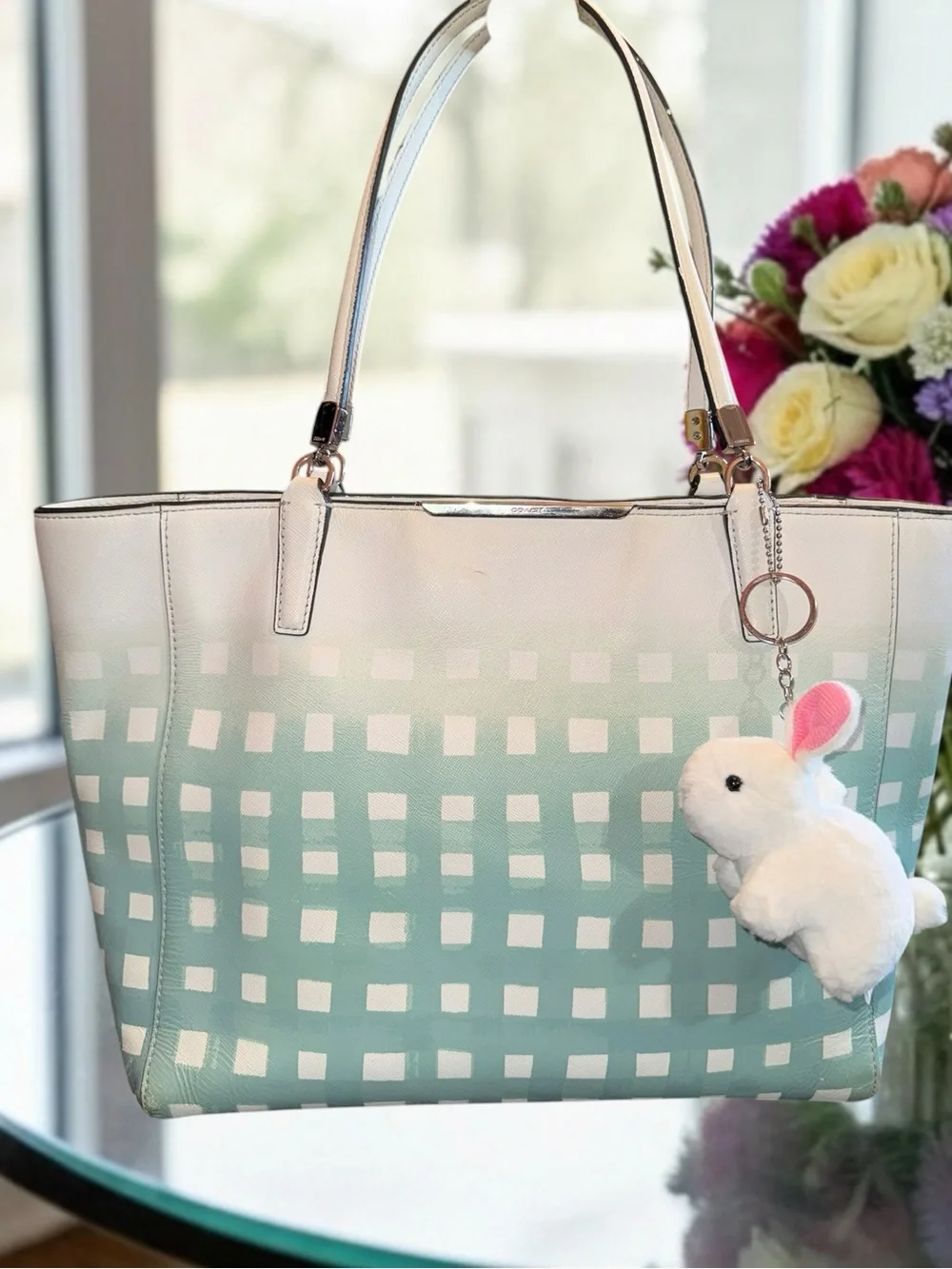 Coach Madison Gingham Saffiano Leather East West Tote Bag 30118